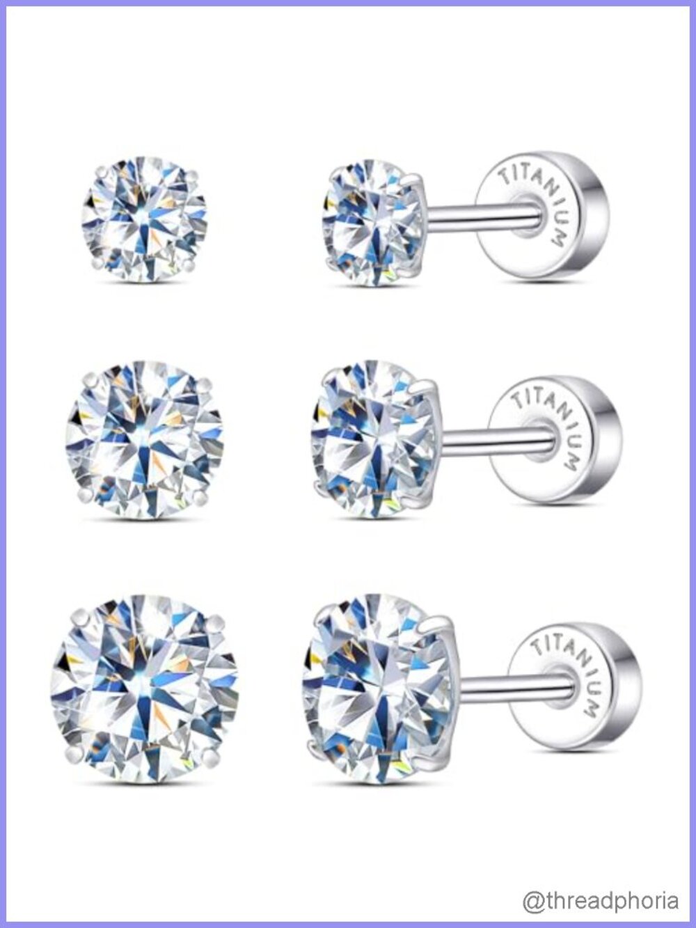 Moissanite Stud Earrings 3 Pairs Titanium Screw Back Hypoallergenic